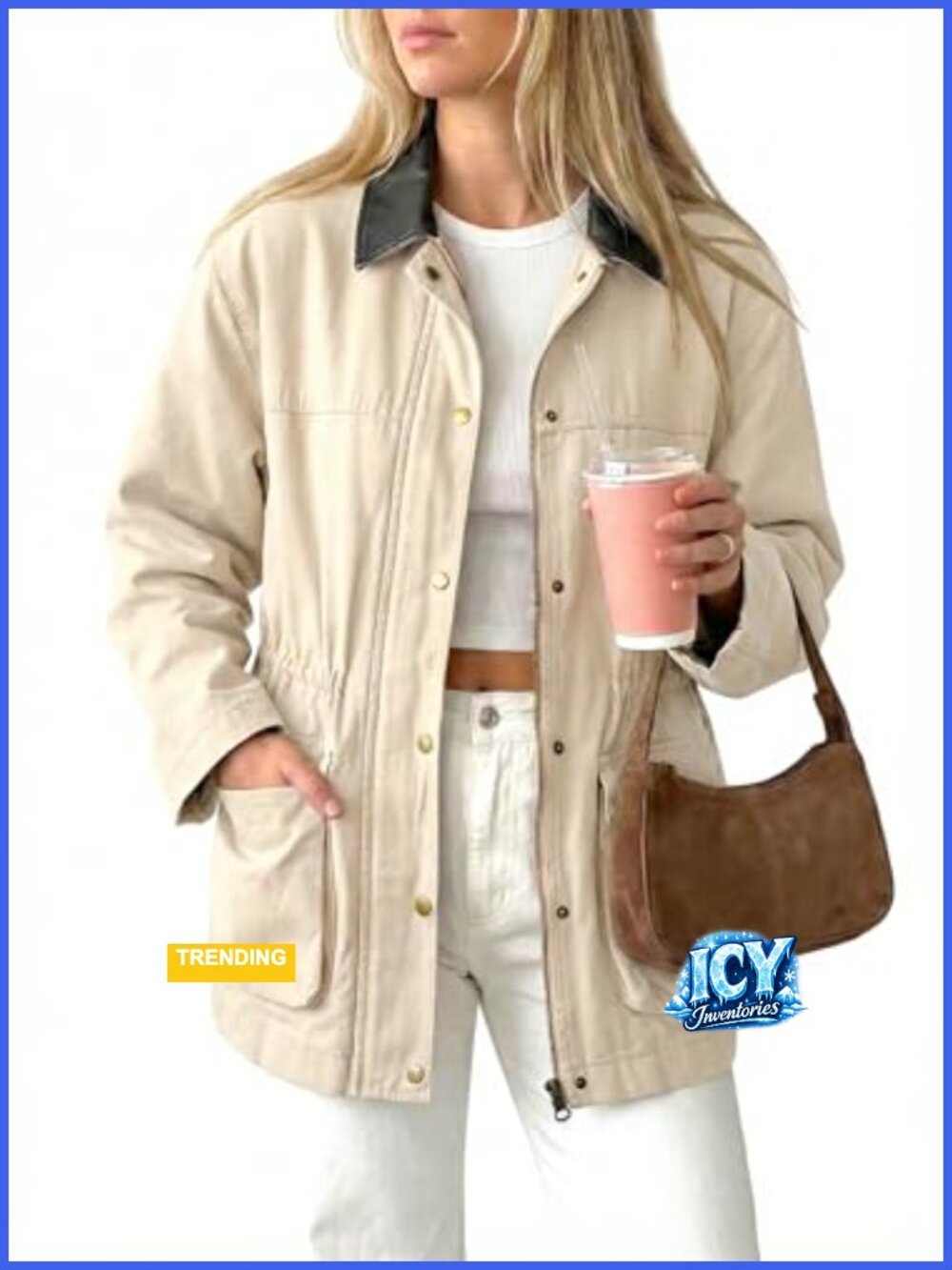 Women's Cotton Barn Jacket Contrast Collar Utility Coat